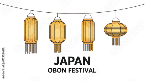 Four traditional yellow Japanese lanterns hanging on a wire for the Obon festival celebration with informative text.