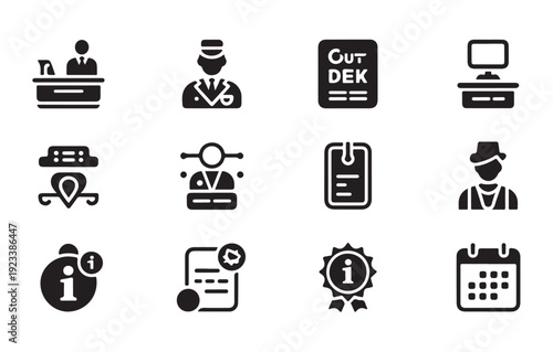 Hotel and service icons. collection of reception, bellboy, document, and calendar symbols