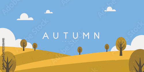 Autumn landscape with stylized trees and a bright blue sky