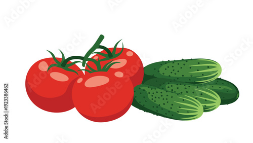 Simple illustration of three bright red tomatoes on the vine next to a small heap of four fresh green cucumbers.