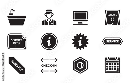 Service and check-in icons. collection of hotel amenities, information, and calendar symbols