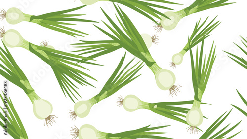 Seamless pattern of fresh green onions with white bulbs and long green stalks scattered on a white background.