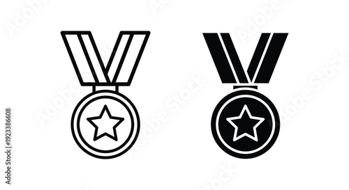 Set of minimalist medal icons with stars and ribbons in outline and solid black styles for rewarding success, achievement, and excellence in sports or business competitions.