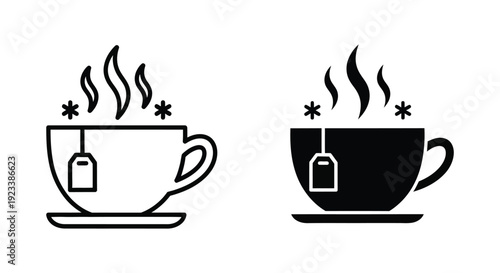Minimalist vector icons of a steaming hot tea cup with a tea bag and snowflakes, perfect for winter cafe menus, cozy seasonal branding, and hot beverage signage.