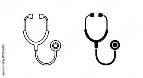 Minimalist stethoscope vector icons in outline and solid black styles for medical diagnostics, healthcare branding, and hospital website design on a white background.