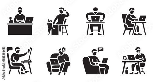 Working people icon set, remote office, freelance work, person working with laptop illustration
