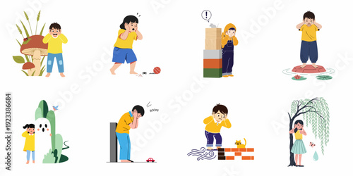 Children's Fears and Anxieties: Illustrations of Kids Scared of Bugs, Loud Noises, Ghosts, and Various Everyday Surprises.