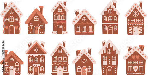 Set of whimsical gingerbread house illustrations, cute Christmas holiday bakery homes, flat vector clipart collection isolated on neutral background