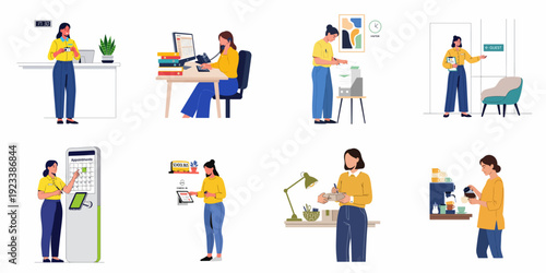 Illustrations of female professionals handling diverse office administration, reception, and daily workflow tasks in a modern business setting.