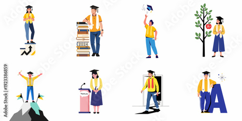 Diverse students celebrate academic success and embark on future paths, showcasing educational achievements, milestones, and graduation joy in various flat design scenarios.