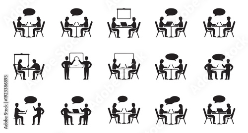 People in meeting discussing business ideas and collaborating at table, vector silhouette