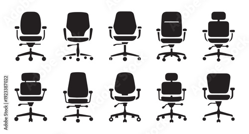 Modern desk chair silhouette collection featuring diverse shapes and adjustable headrests set