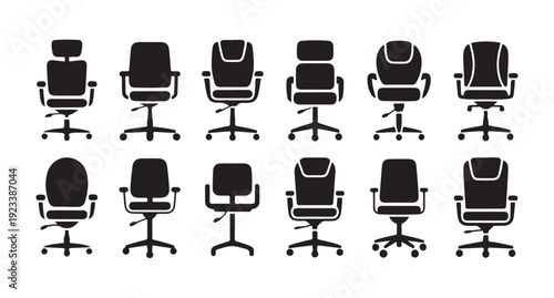 Professional office chair silhouettes with high back and armrest details for office projects
