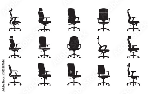 Ergonomic office chair silhouette set showing various side and front views for workspace use