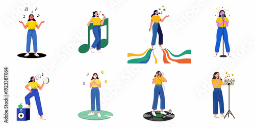 Diverse illustrations of a woman singing, experiencing music, and expressing joy through melodies, nature, and creative elements like notes, birds, and instruments.