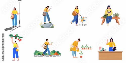 Diverse daily activities of a modern woman: from city life and shopping to reading, gardening, and nature exploration, depicted in charming flat illustrations.