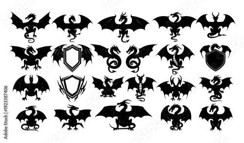 Dragon Silhouette Crest Collection Vector Set with Heraldic Wings and Tattoo Designs Isolated on White Background
