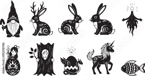 Black and white of gnome, rabbits, tree, mermaid, unicorn, and fish