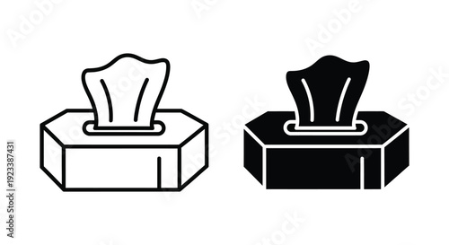 Set of minimalist tissue box icons in outline and solid black styles for healthcare, hygiene, and office supply interface design