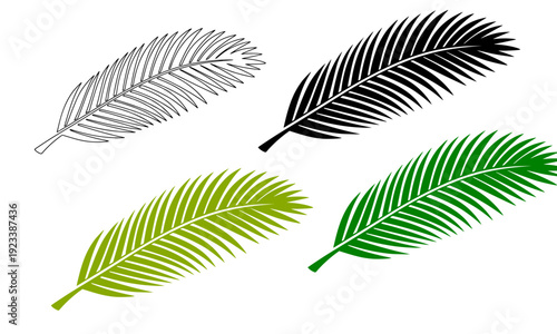 Set of Four Palm Leaf Icons in Outline, Black Silhouette, and Two Green Color Styles for Tropical, Nature, and Summer Design Concepts