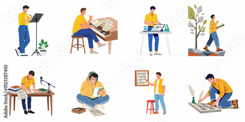 Diverse Scenes of Male Musicians Composing and Creating Music through Various Methods and Technologies.