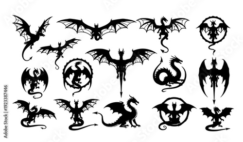 Dragon Tattoo Silhouette Vector Collection with Winged Fantasy Crest Designs Isolated on White