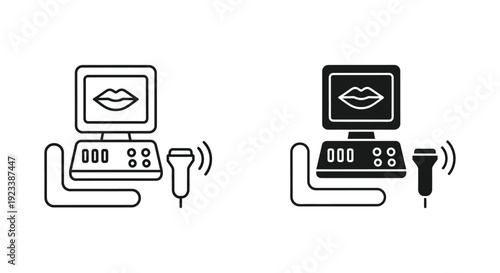 Professional ultrasound diagnostic machine icons showing lip imaging for cosmetic surgery and aesthetic medical procedures in line and solid styles