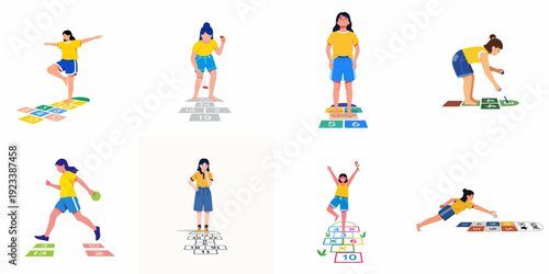 Diverse individuals engage in various traditional hopscotch games, showcasing different poses, patterns, and childhood activities with vibrant outdoor fun.