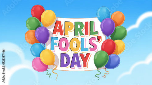 Colorful april fools' day celebration with balloons and sign against blue sky background