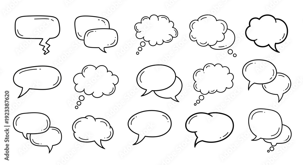 Fototapeta premium Collection of hand-drawn speech bubbles and thought clouds, perfect for graphic design projects