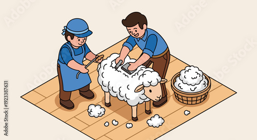 Farmers shearing sheep on wooden platform.