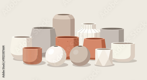 Collection of minimal decorative ceramic pots and vases for home decor arrangement