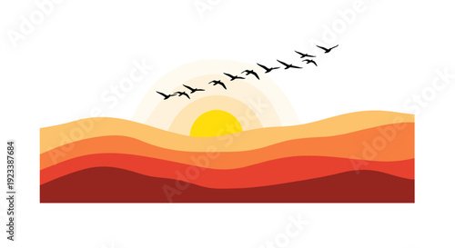 Flock of Birds Flying at Sunset.