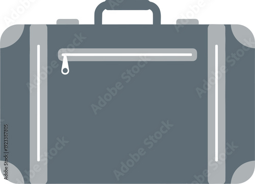 A sturdy gray suitcase with reinforced corners and a prominent external zipper pocket sits ready for baggage handling or vacation packing.