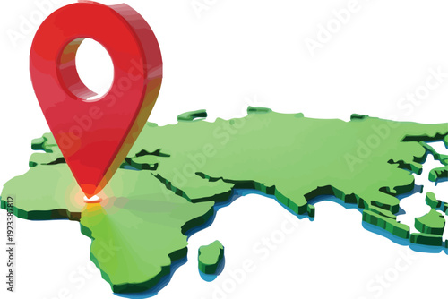 A large, glossy red map pin icon accurately marks a location directly onto the three-dimensional green landmass of Africa.