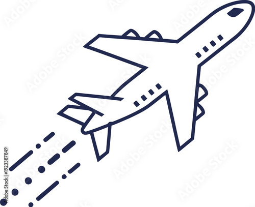 Simple outline of a commercial passenger airplane ascending quickly leaving dotted exhaust trails against a white background for flight.