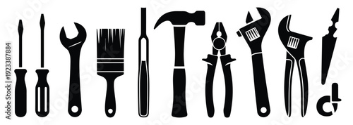 Silhouettes of Tools for Construction, House Tools, and Handyman Equipment, Including Toolbelts, Toolboxes, and Various Hand Tools for Vector Illustration and Creative Design.
