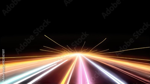 Modern abstract background featuring high-speed motion on a road with neon glowing lines and dynamic light trails. 