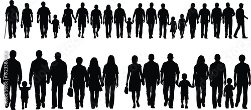 Family generation silhouettes walking together, parents grandparents and children holding hands isolated on white background, unity love concept