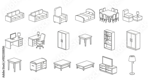 Collection of Hand Drawn Furniture Icons in Isometric View.