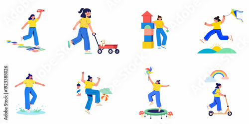 Happy children playing outdoors: A vibrant collection of kids enjoying diverse recreational activities like flying kites, jumping on trampolines, and riding scooters.