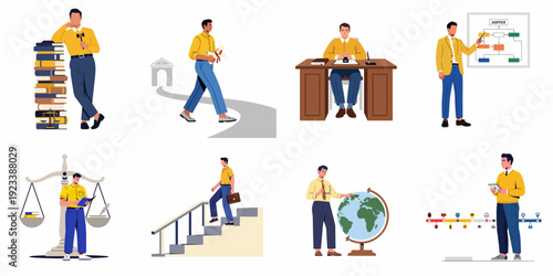 Law and Justice: A comprehensive illustration of legal education, professional journey, and justice concepts.