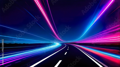 Modern abstract background featuring high-speed motion on a road with neon glowing lines and dynamic light trails. 