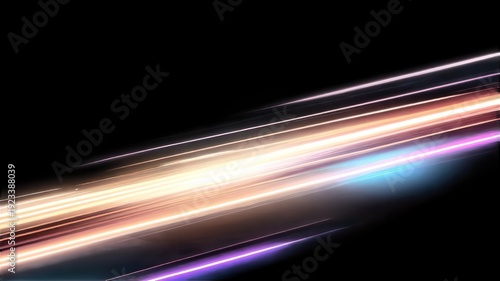 Modern abstract background featuring high-speed motion on a road with neon glowing lines and dynamic light trails. 