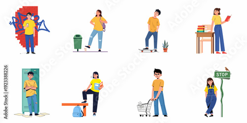 Youthful characters portraying different moods and scenarios, from urban rebellion to academic stress and modern apathy.