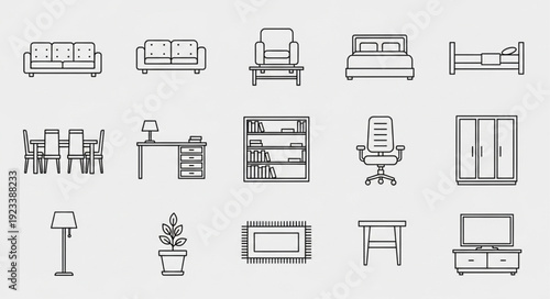 Collection of hand drawn furniture icons for interior design.