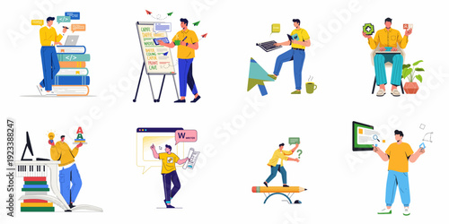 Illustrations depicting various professional and educational activities like coding, writing, learning, and creative problem-solving in a modern digital context.