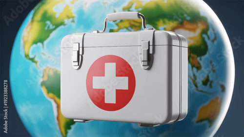 First aid kit on a handle in front of the globe symbolizing global health and emergency preparedness