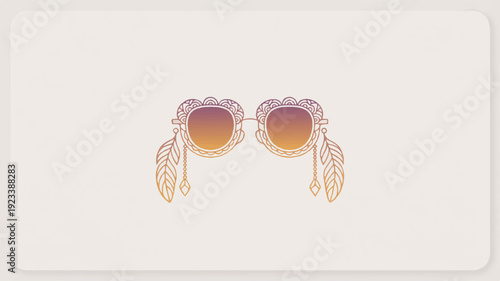 Bohemian style sunglasses with feather decorations and orange gradient lenses on a white background perfect for summer fashion