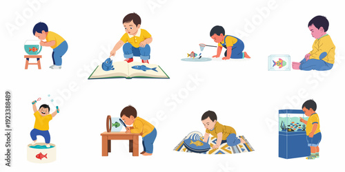 A collection of illustrations showing young children engaging with fish and aquatic themes, exploring, playing, and learning about marine life in various fun scenarios.